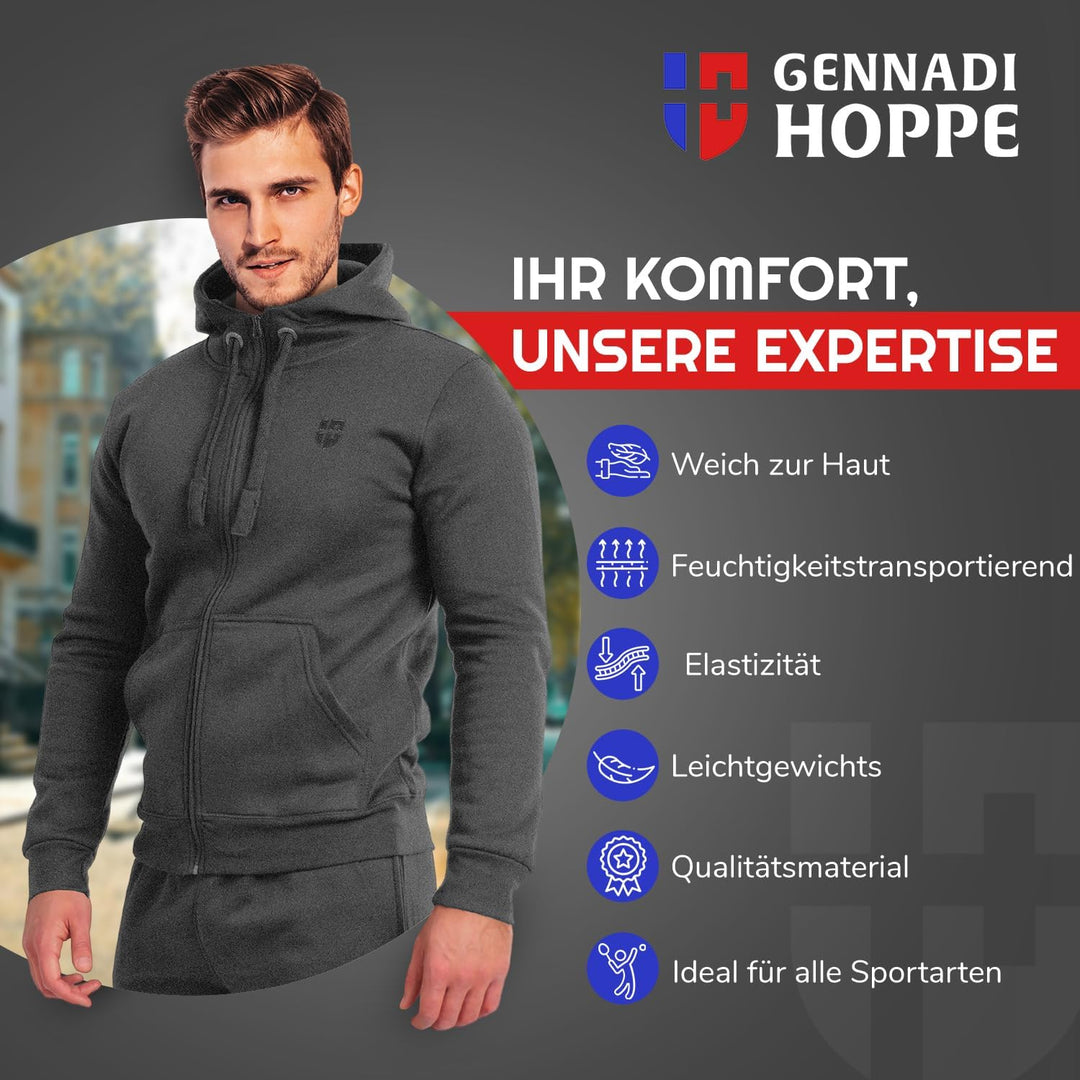 Gennadi Hoppe Herren Sweatjacke Kapuzenjacke mit Baumwolle Sport &amp; Freizeitjacke M Dunkelgrau, M Dun