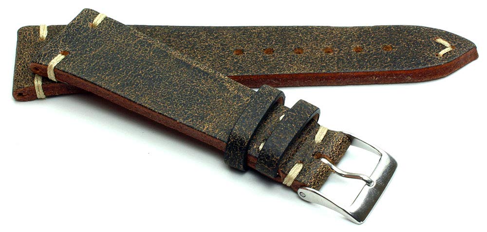 Sulla 22 mm Vintage Leder Uhrenarmband Handgemacht in Deutschland Retro Look Braun weisse Naht