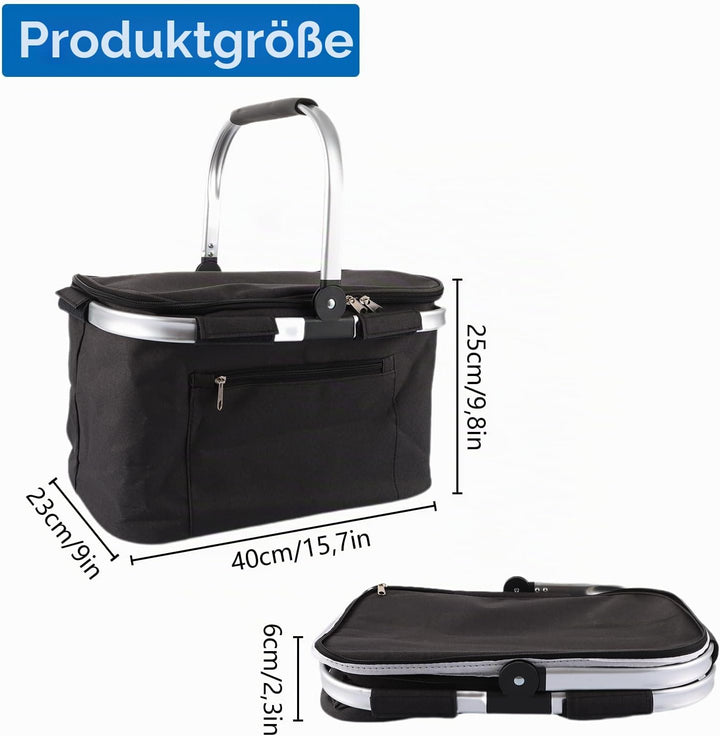 VIDETOL Einkaufskorb Faltbar, 33L Kühltasche Picknickkorb Gross, Schwarze Kühlkorb mit Deckel und Al