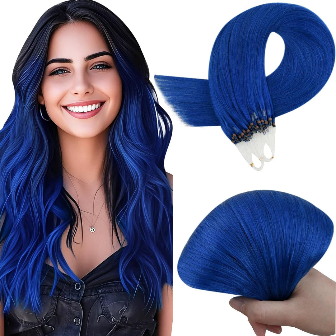 RUNATURE Microring Extensions Echthaar Blau 40cm Remy Glatt Bunt Haarverlangerung 25g #Blau 40CM 2-M