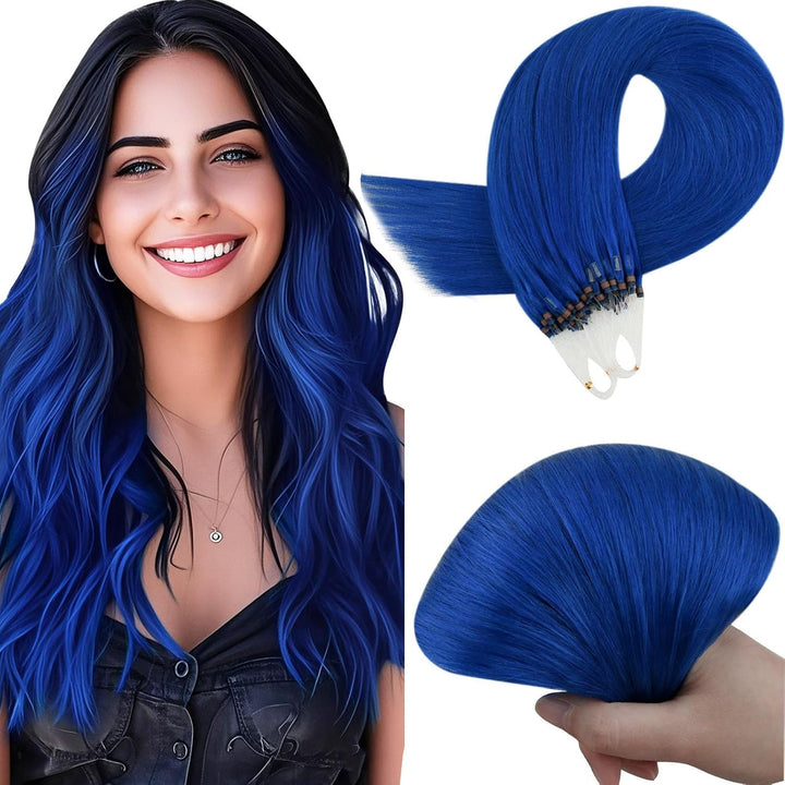 RUNATURE Microring Extensions Echthaar Blau 40cm Remy Glatt Bunt Haarverlangerung 25g #Blau 40CM 2-M