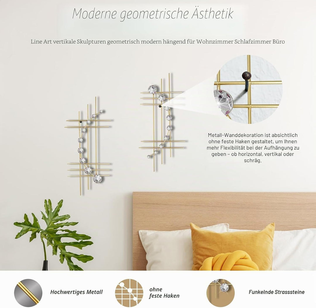 ZEXUIRU 2 Set Bling Metall Wandkunst Jeweled Kristall Hängen Wand Dekor Strass Diamant Iren Abstrakt