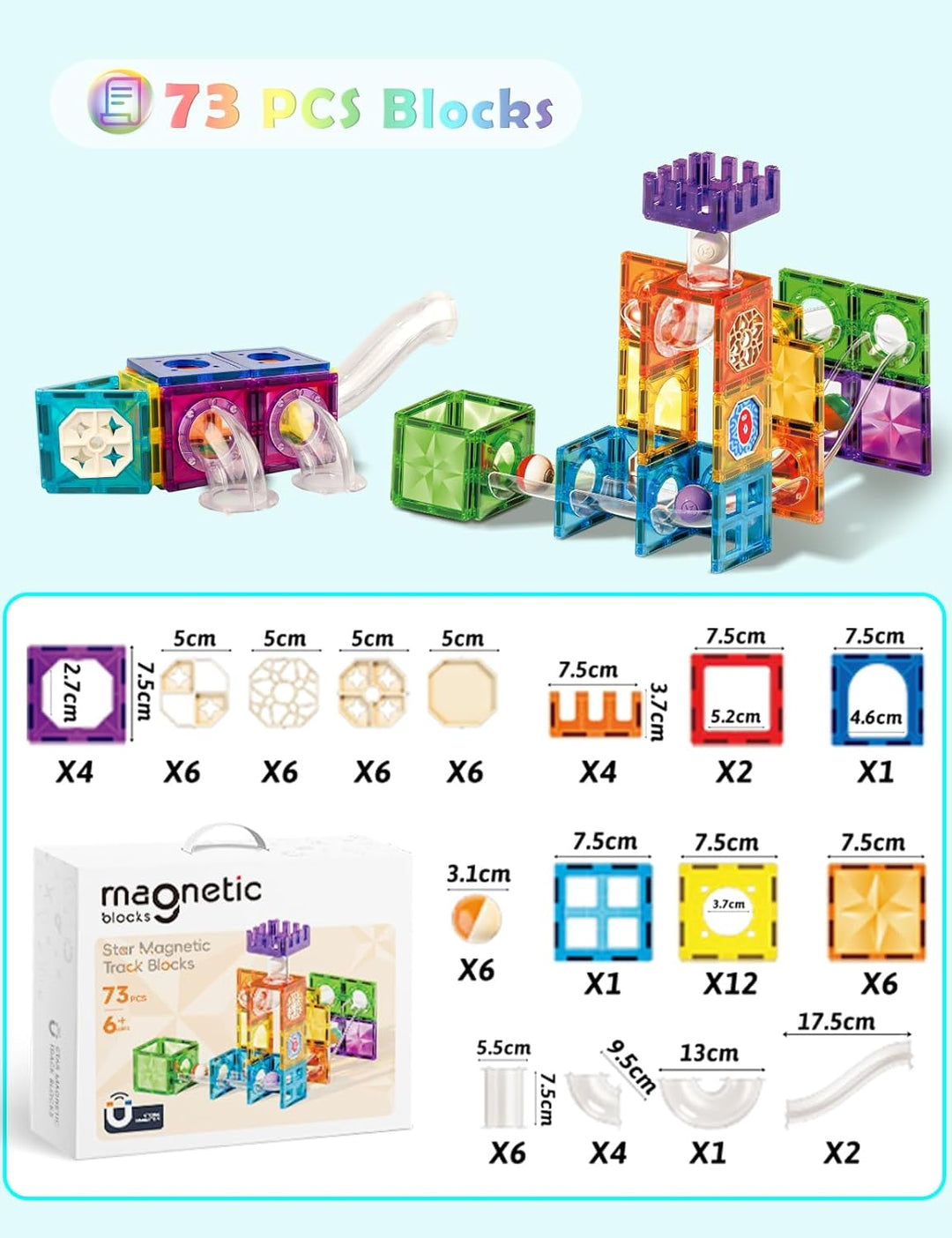 ROXENDA 73 Piezas Magnetische bausteine kugelbahn- Juguete Educativo Stem para niños. Con imanes pot