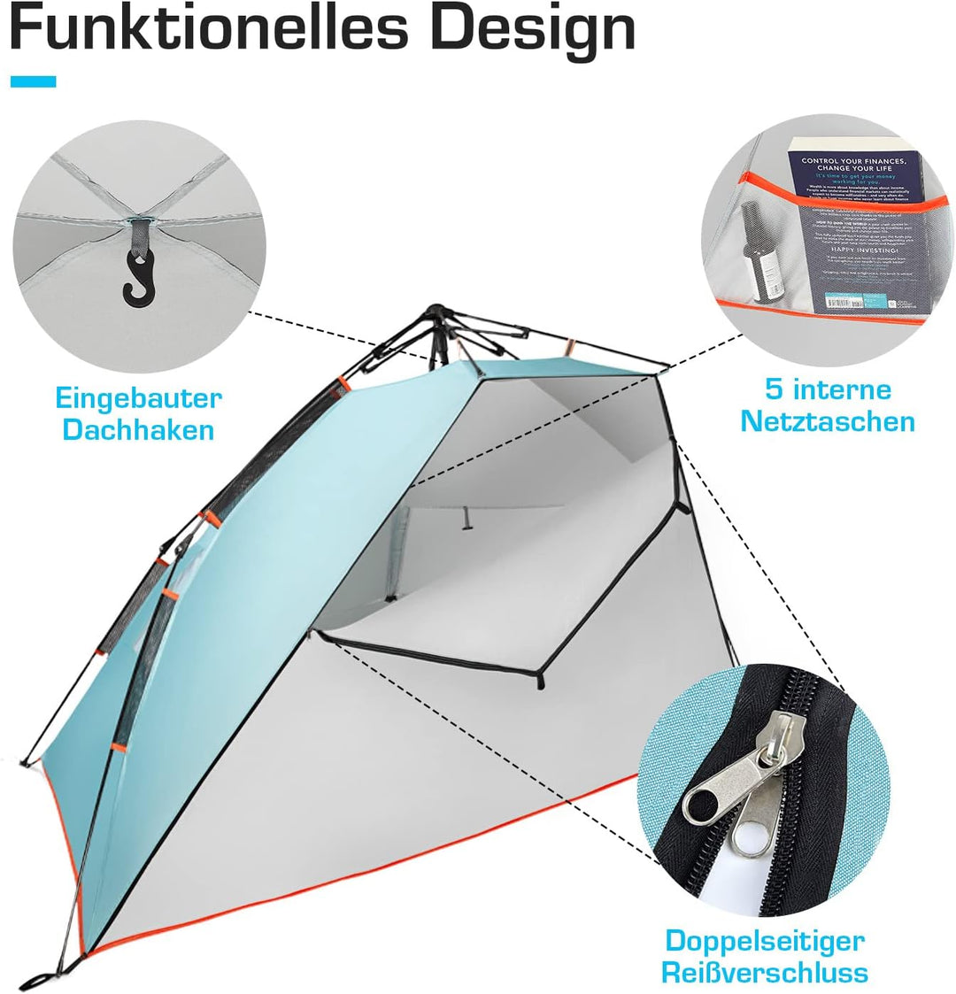 Active Era Luxus Strandzelt mit UV Schutz LSF 50+, Strandmuschel XXL Wasserabweisend, Easy Pitch Auf