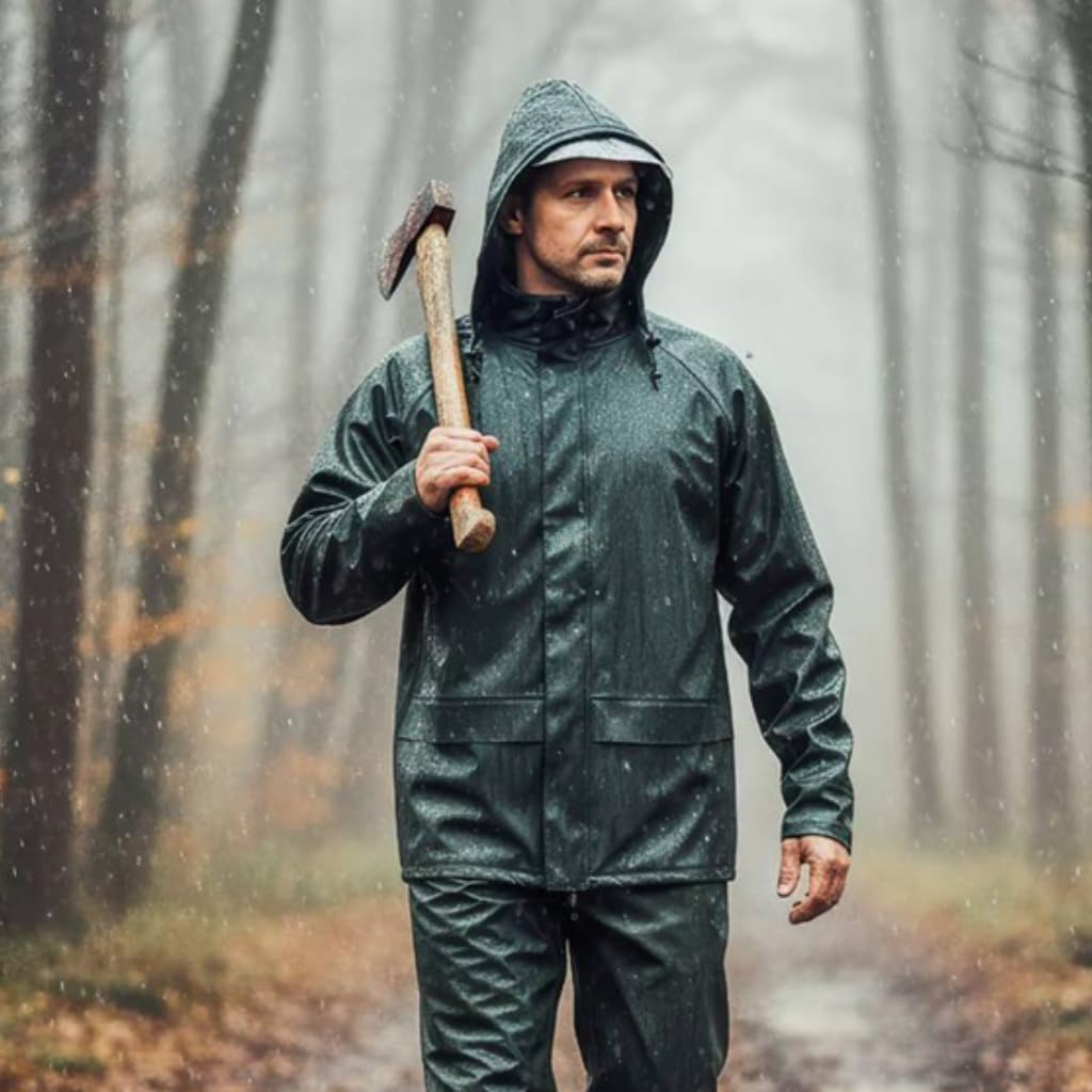 NEO TOOLS Herren Regenset, Regenmantel mit Kapuze und Regenhose, Gr. M-XXXL, verklebte Nähte, Reissv