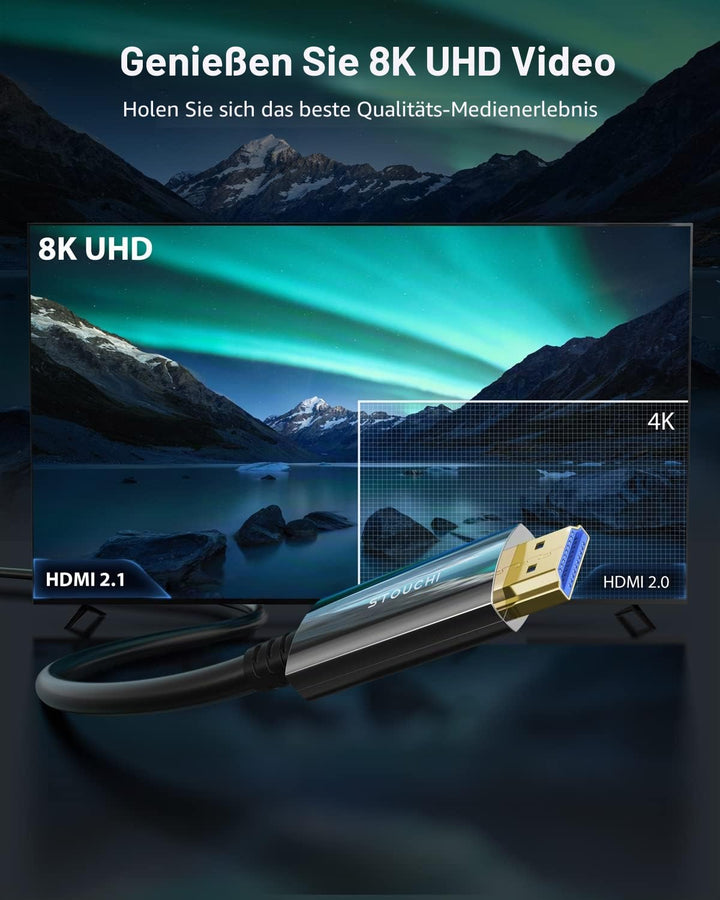 Stouchi 8K HDMI Glasfaserkabel 10M, HDMI 2.1 Kabel 48Gbps Ultra High Speed,In Wall CL3 Rated,AOC 8K@