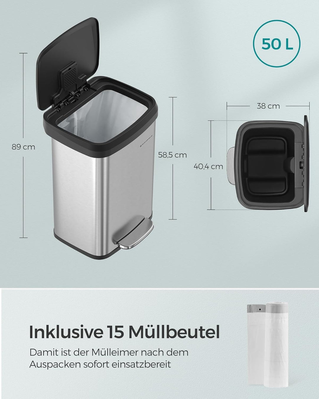 SONGMICS Mülleimer Küche, 50 Liter Abfalleimer, Tretmülleimer aus Metall, mit Deckel, hoch, schmal u