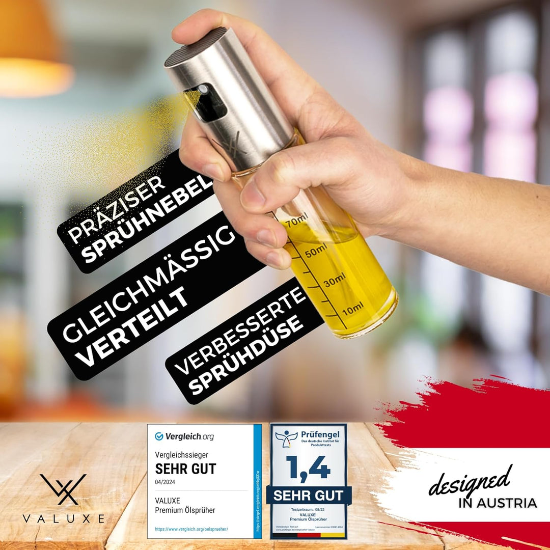VALUXE® Ölsprüher - Das ORIGINAL - Extrem präzise Öl-Sprühflasche aus Edelstahl und Glas - Multifunk