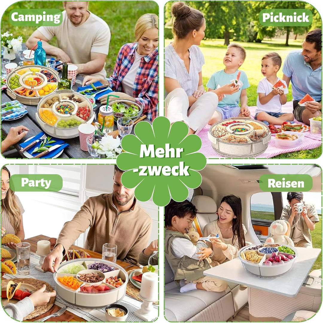 Snackle Box Drehbar mit Griff, 6 Herausnehmbare Fächer, Snackbox Spülmaschinenfest, Snackdose mit De