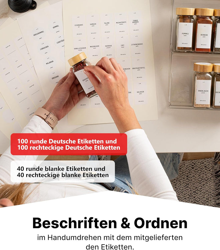 Deco haus® Gewürzregal Schublade [MIT 24 GEWÜRZGLÄSER & ETIKETTEN] - Gewürz Organizer Schublade - Ge