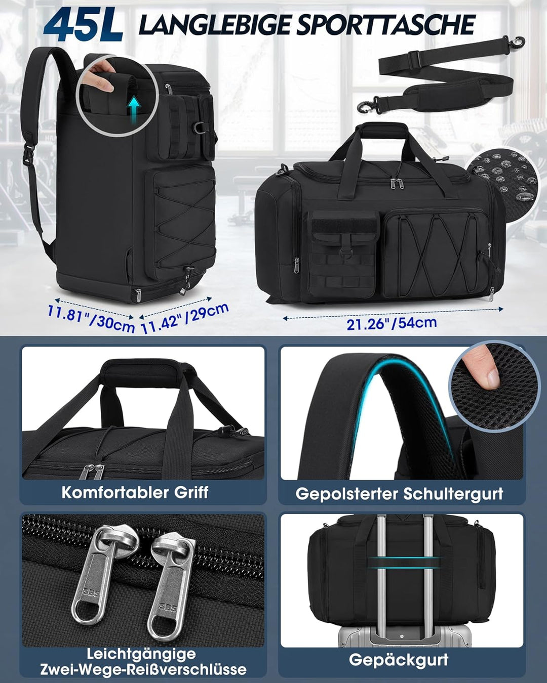 RAINSMORE 45L Sporttasche Herren Damen, 3-IN-1 Reisetasche mit Schuhfach Nassfach, Wasserdicht Gym D