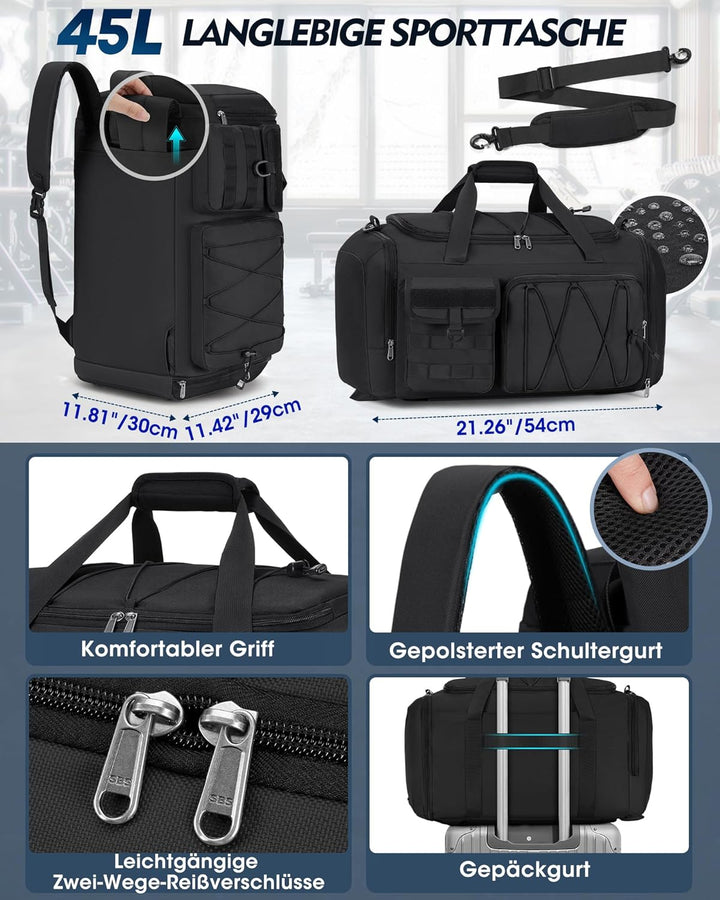 RAINSMORE 45L Sporttasche Herren Damen, 3-IN-1 Reisetasche mit Schuhfach Nassfach, Wasserdicht Gym D