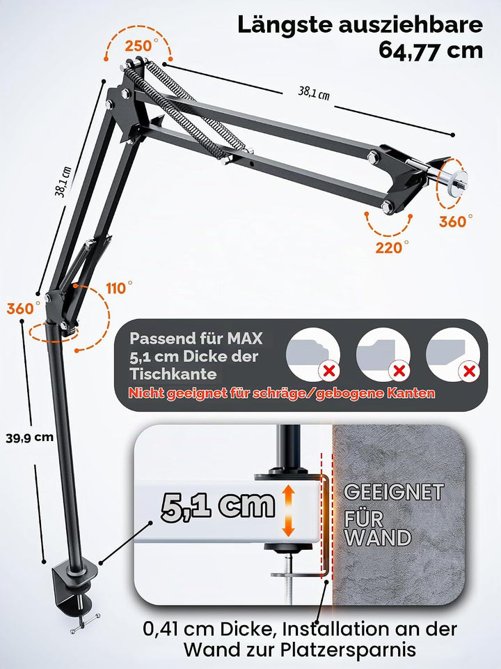 Overhead Kamera Stativ [40 cm erhöhen]-Professioneller Kamera Ständer Flexibel Gelenkarm Tisch Halte