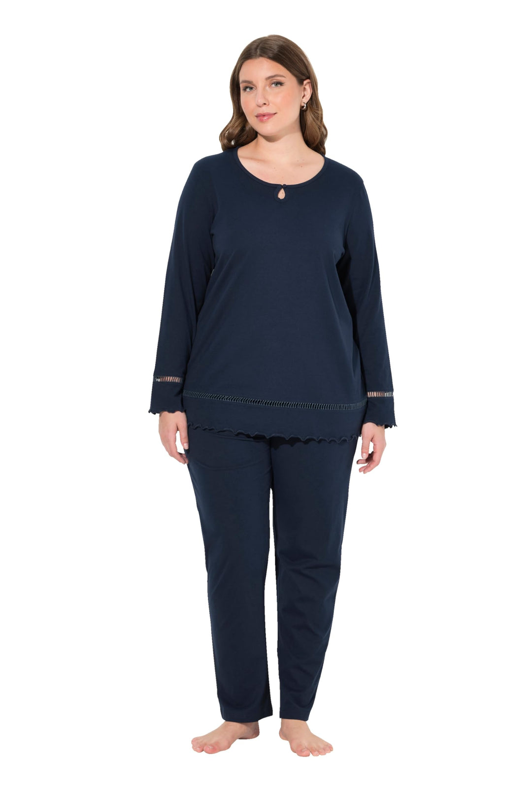 Ulla Popken Damen Pyjama, Hohlsaum, Wellenkanten, Rundhals, Langarm Schlafanzüge, Nachtblau
