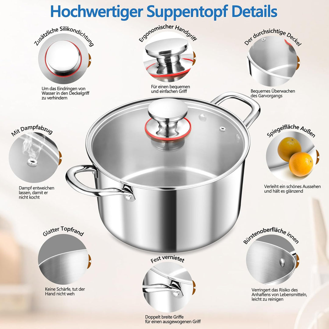 TEAMFAR Kochtopf Gross 24cm, 3-Lagen Edeastahl 5,7L Topf mit Glasdeckel für alle Herdarten, Suppento