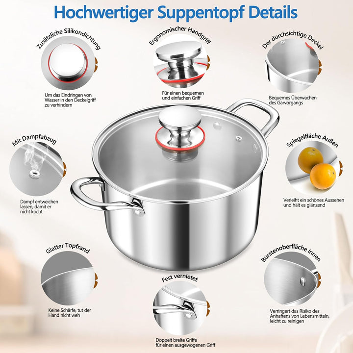 TEAMFAR Kochtopf Gross 24cm, 3-Lagen Edeastahl 5,7L Topf mit Glasdeckel für alle Herdarten, Suppento