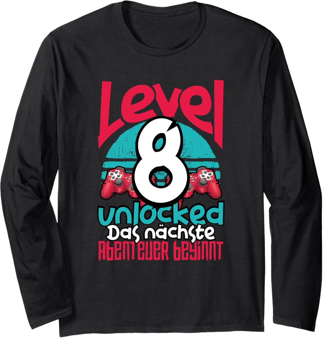 Level 8 Unlocked Funny Gamer Birthday Gift Cool Retro Gaming Langarmshirt