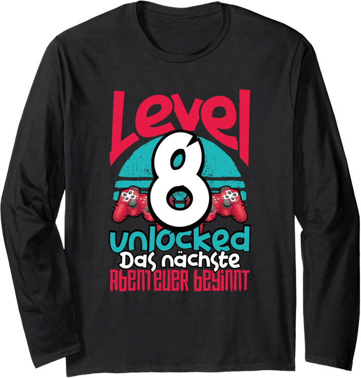 Level 8 Unlocked Funny Gamer Birthday Gift Cool Retro Gaming Langarmshirt