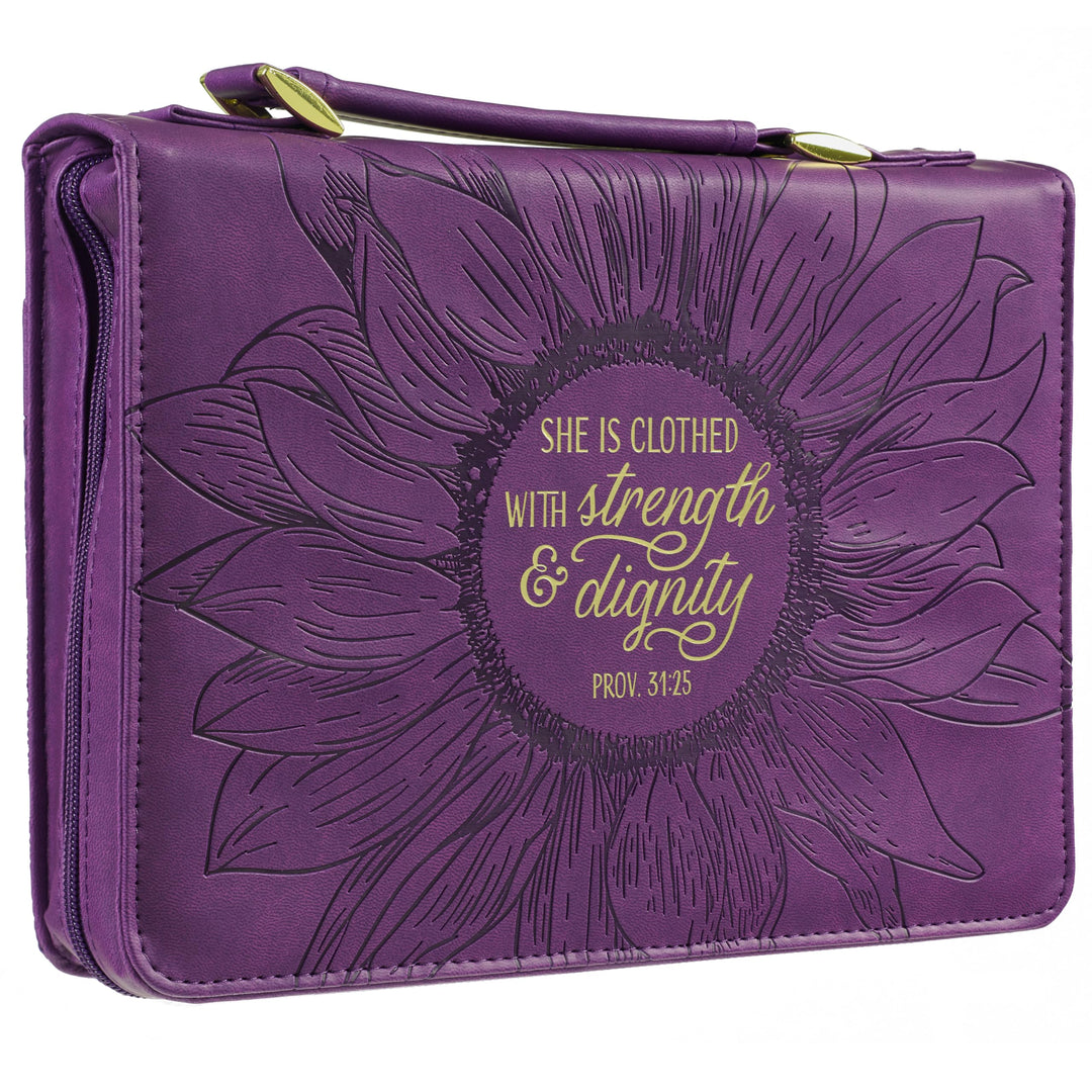 Bibelhülle mit violettem Sonnenblumen-Motiv, mit englischer Aufschrift "She is Clothed w/Strength Di