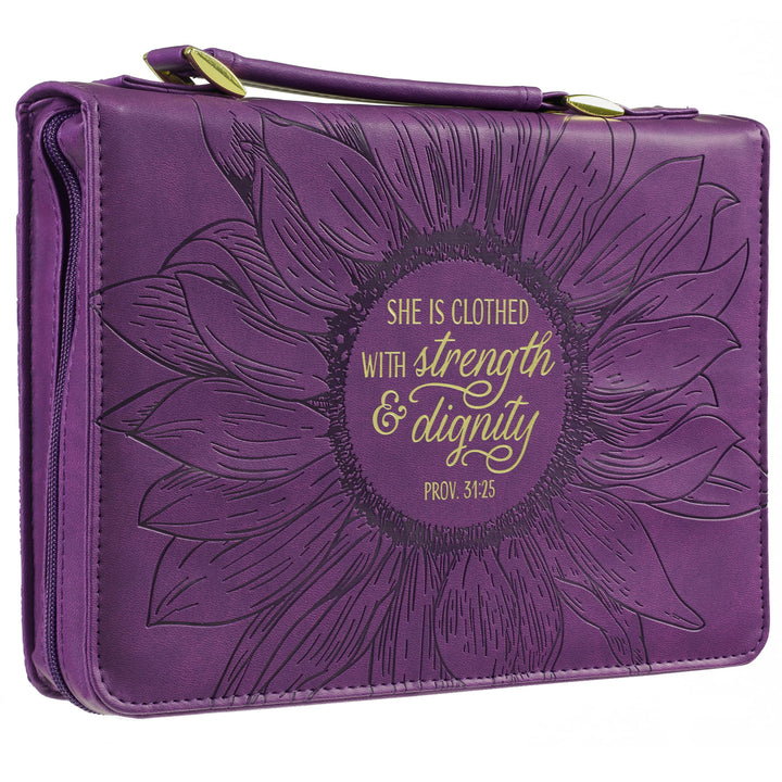 Bibelhülle mit violettem Sonnenblumen-Motiv, mit englischer Aufschrift "She is Clothed w/Strength Di