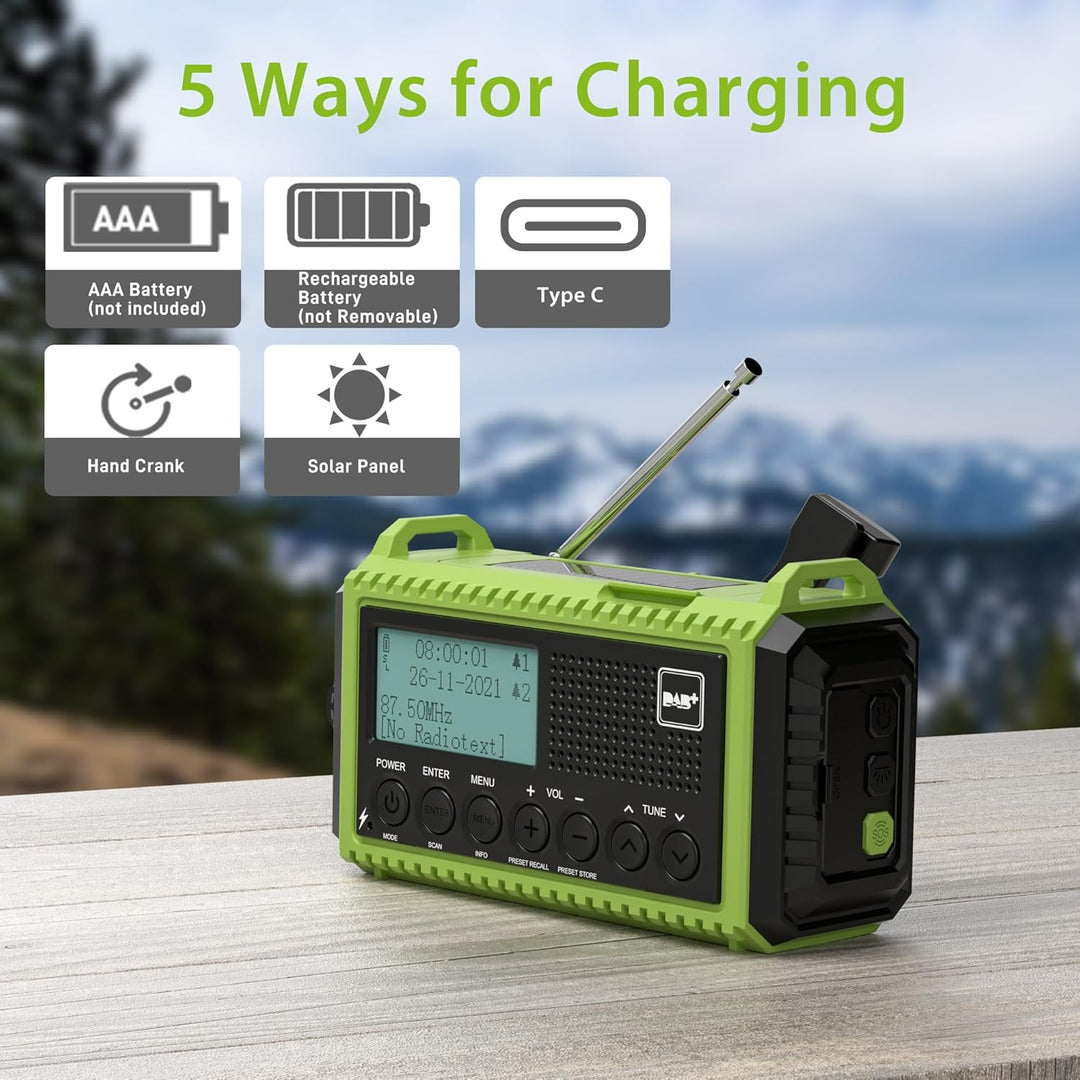Kurbelradio DAB/UKW mit Akku 5000mAh, Tragbare Solar Radio mit LED Taschenlampe & Leselicht, DAB+ Ba