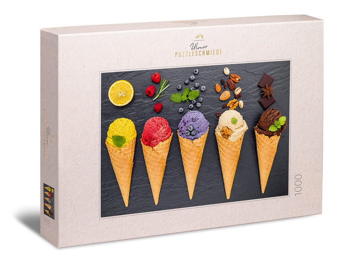 Ulmer Puzzleschmiede - Puzzle „Eiskalte Farben“ - Trendiges 1000 Teile Puzzle mit bunten EIS-Tüten –