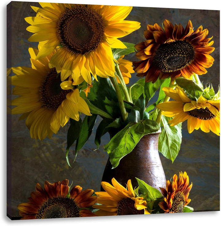 Sonnenblumen in edler Vase, Format: 70x70 auf Leinwand, XXL riesige Bilder fertig gerahmt mit Keilra