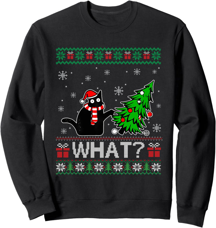 Cat What Funny Black Cat Pushing Weihnachtsbaum Ugly Xmas Sweatshirt