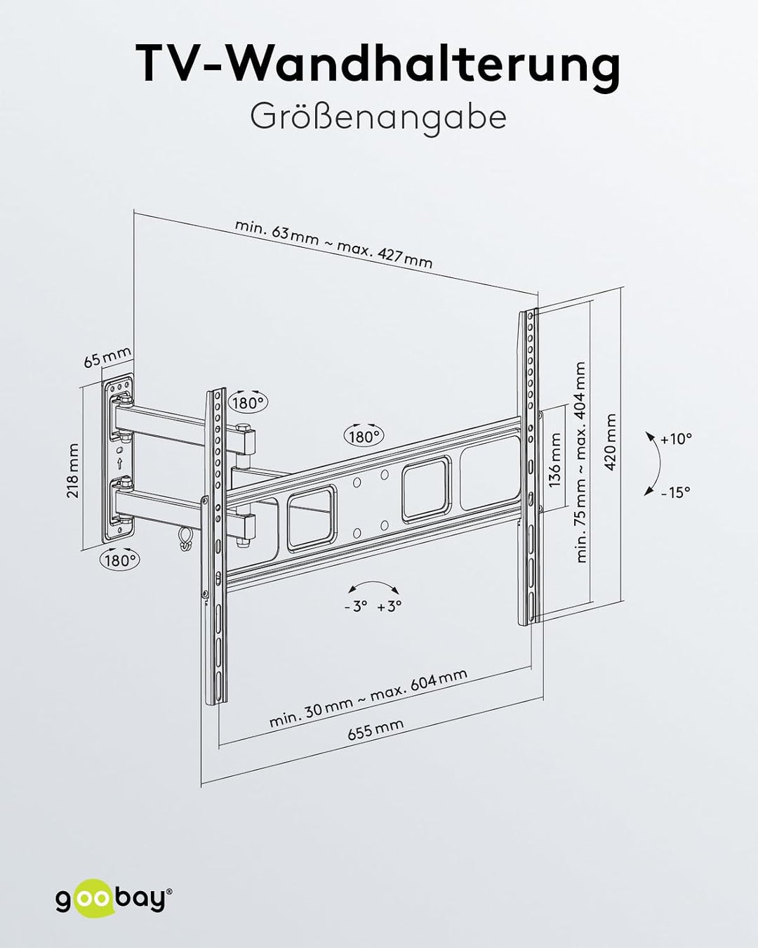 goobay TV-Wandhalterung Fullmotion 37–70 Zoll, schwenkbar ±90°, neigbar, VESA 600x400, bis 35 kg, Ka
