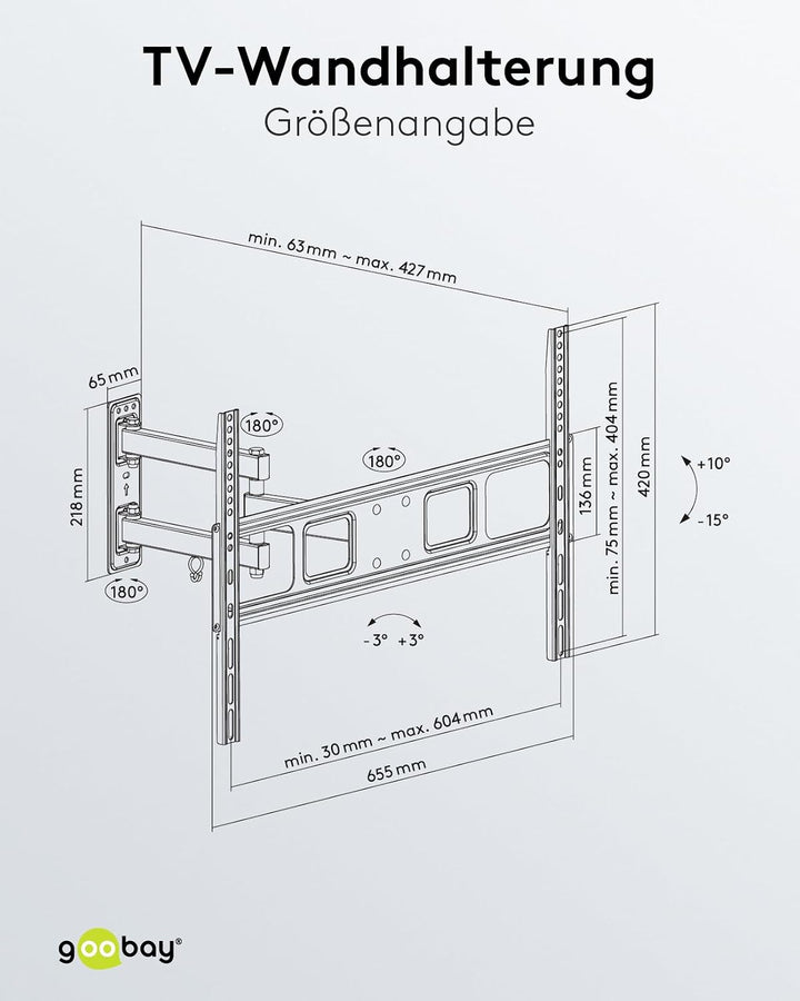 goobay TV-Wandhalterung Fullmotion 37–70 Zoll, schwenkbar ±90°, neigbar, VESA 600x400, bis 35 kg, Ka