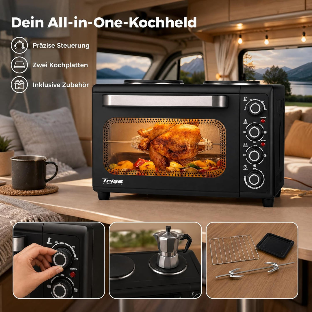 Trisa Mini Backofen 30L - Perfekt Zum Backen, Grillen & Braten, Temperaturregelung 100-250°C, 60 Min