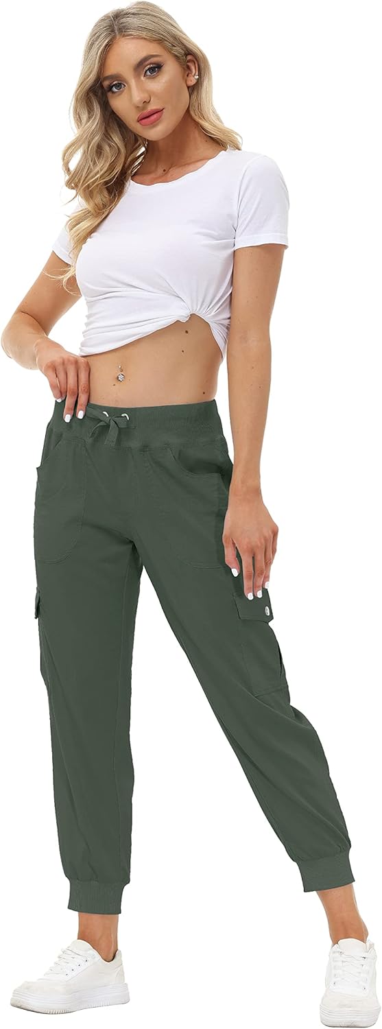 JINSHI Hosen Damen Cargohose Lange Capri Freizeithose Outdoor Jogginghose High Waist mit Kordelzug,