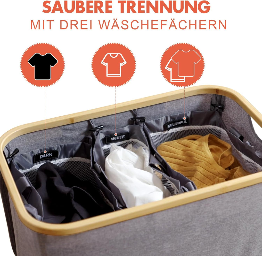 SOUTHGATE 145L Wäschekorb 3 Fächer mit Deckel, Faltbare Wäschesammler mit herausnehmbaren Wäschesack