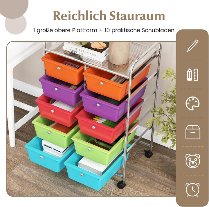 COSTWAY Rollwagen mit 10 stapelbaren Schubladen, Schubladenwagen Rollcontainer mit Metallgestell und