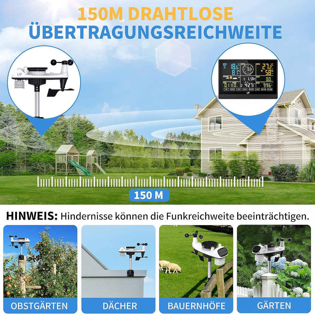 LFF 7-In-1 Wetterstation Funk mit Aussensensor, 7,5-Zoll-Display Funkwetterstation mit DCF-Funkuhr,
