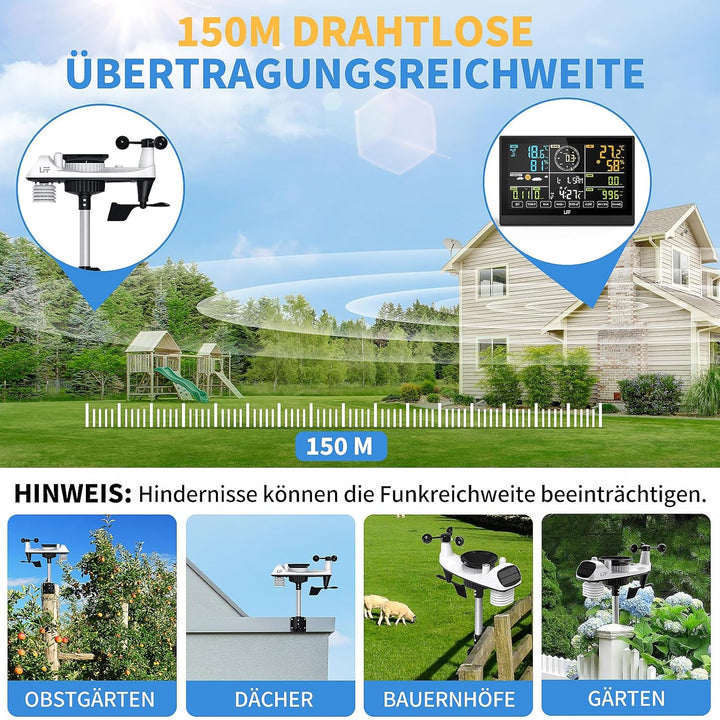 LFF 7-In-1 Wetterstation Funk mit Aussensensor, 7,5-Zoll-Display Funkwetterstation mit DCF-Funkuhr,