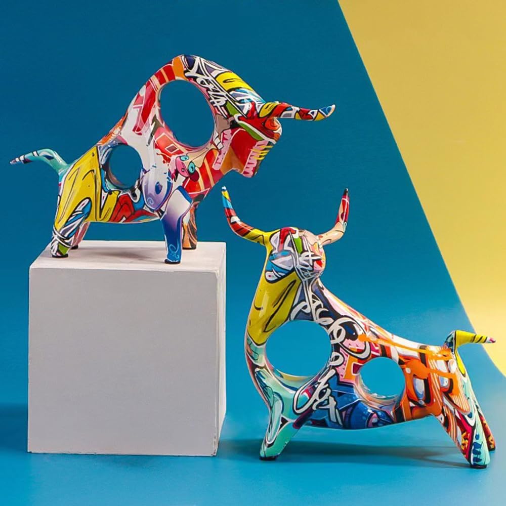 PIGPIGFLY Stier Statue,Graffiti-Ornamente,Harz Paar Katzen,Deko Wohnzimmer,Home Store Dekoration, Bü
