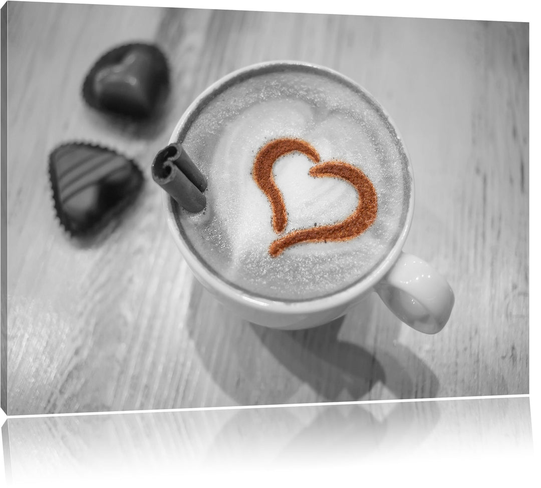 Leckerer Kaffee mit Herz schwarz/weiss Format: 100x70 auf Leinwand, XXL riesige Bilder fertig gerahm