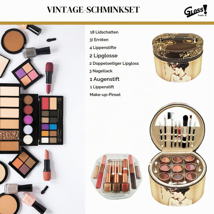 Schminkkoffer und Palette für Damen | 36 Stück: Rouge, Lidschatten, Lippenstift, Nagellack | Aufbewa