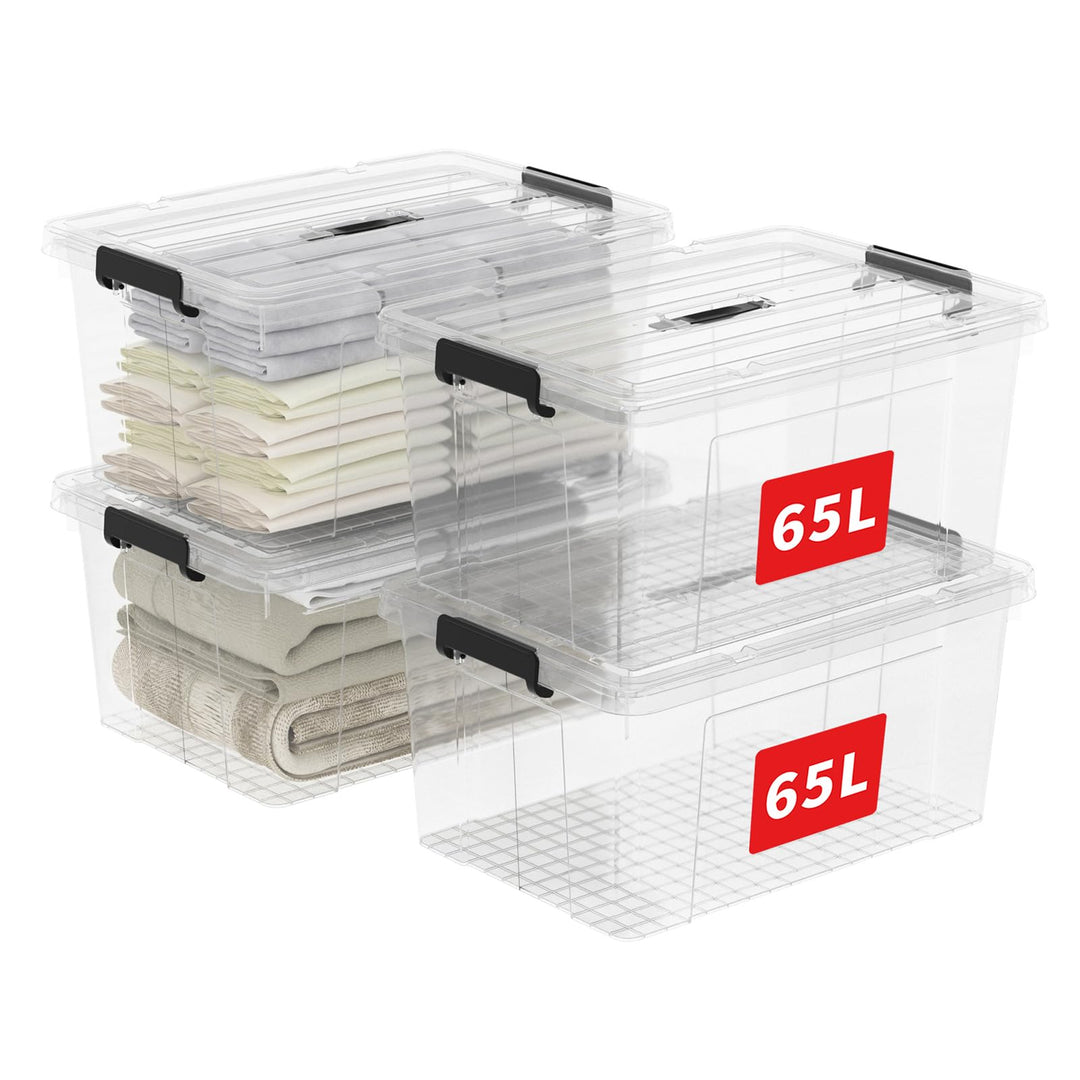 Cetomo,65L,4er-Pack, Aufbewahrungsbox mit deckel,Aufbewahrungsboxen, mit Clips, stapelbar, Wohnzimme