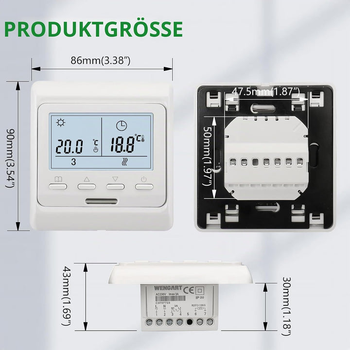 Wengart Elektro-Heizungsthermostat WG806, Ausgang 230V 16A, 7 Tage Programmierbar, Digitalanzeige, G