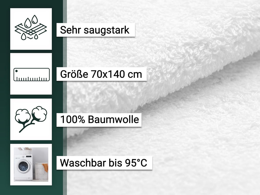 ZOLLNER 2er Set Duschtücher in 70x140 cm - Flauschige und saugstarke Handtücher in weiss - mit prakt