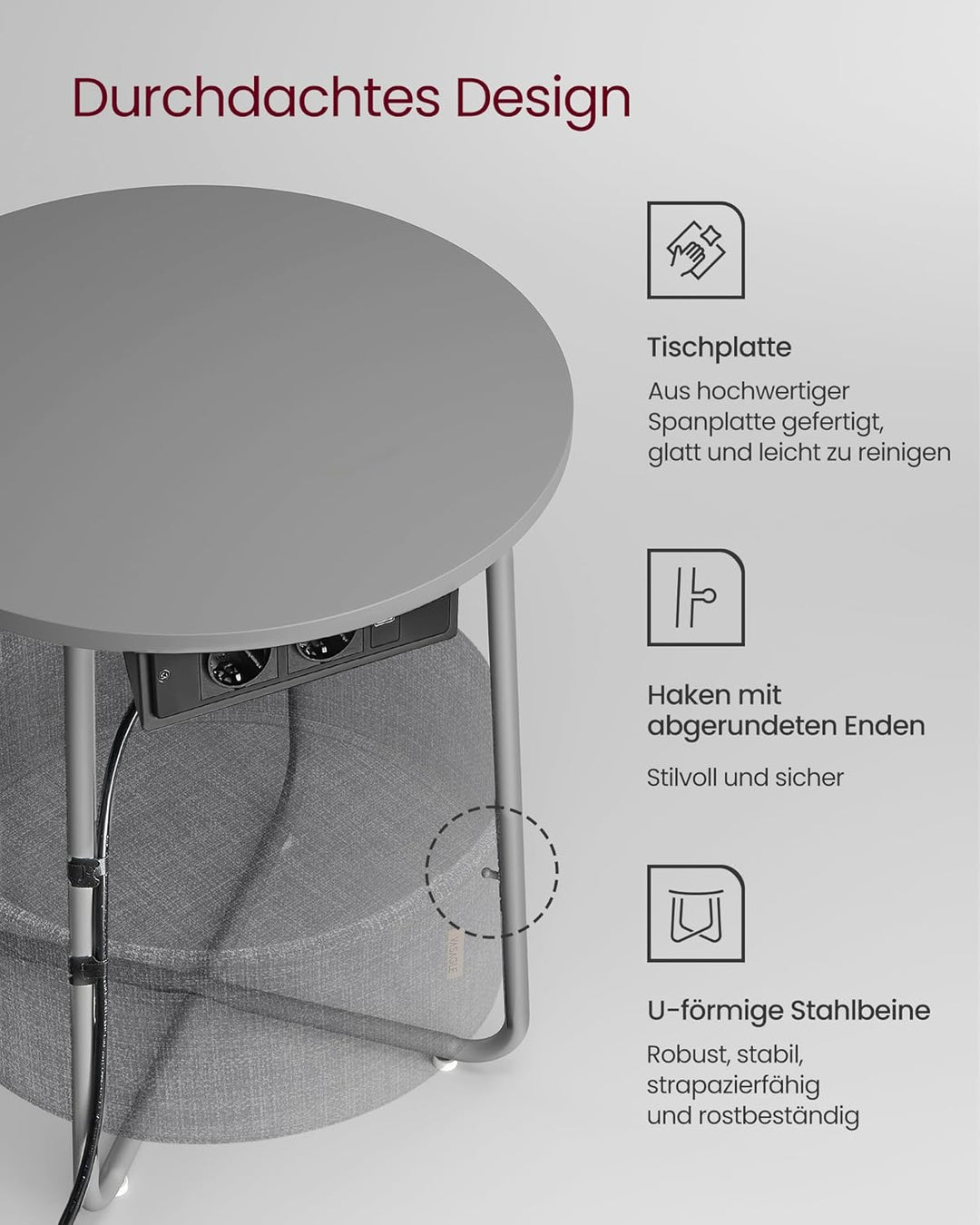 VASAGLE Beistelltisch rund, Kleiner Tisch, Couchtisch mit Steckdose, Wohnzimmertisch, Korb aus Stoff