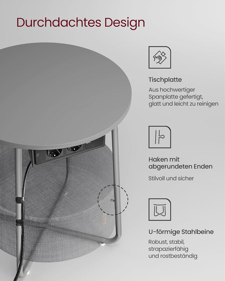 VASAGLE Beistelltisch rund, Kleiner Tisch, Couchtisch mit Steckdose, Wohnzimmertisch, Korb aus Stoff