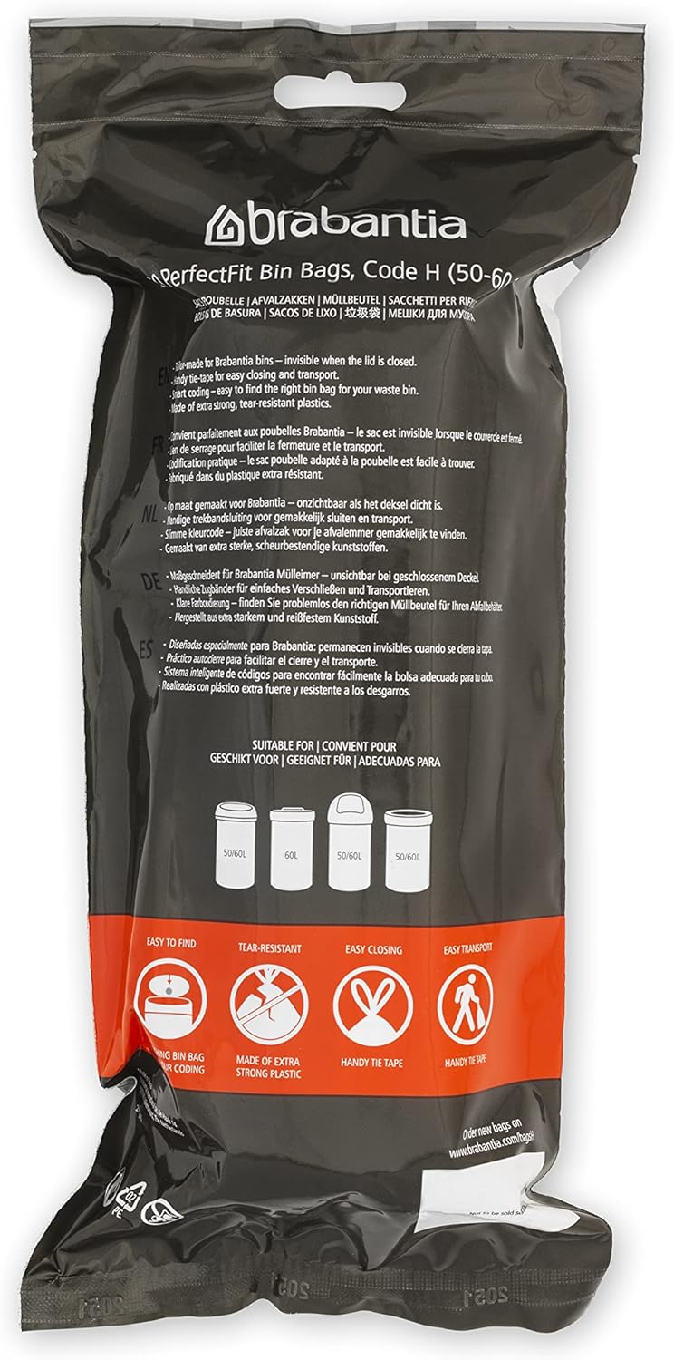 Brabantia Müllbeutel PerfectFit Multipack (Code H - 50l / 60L) Extra Starke Müllsäcke mit Zugband, 6
