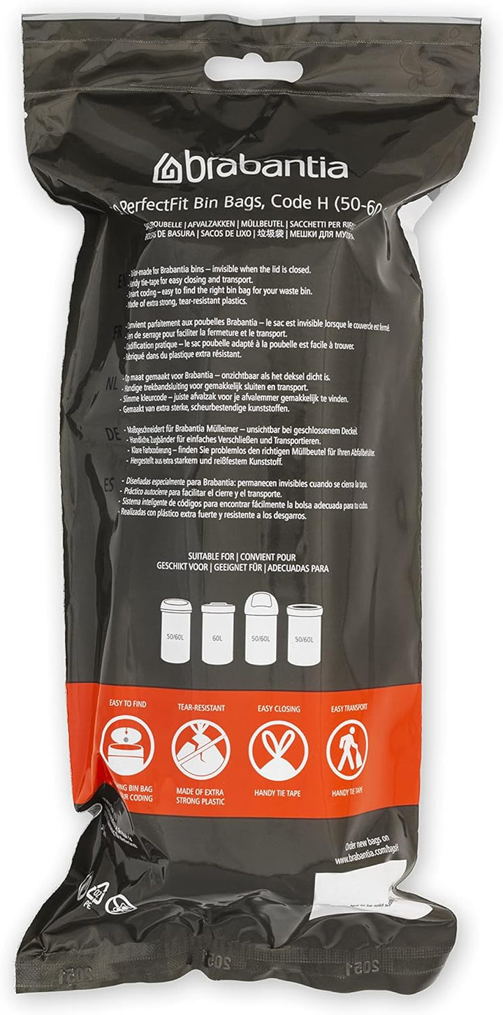Brabantia Müllbeutel PerfectFit Multipack (Code H - 50l / 60L) Extra Starke Müllsäcke mit Zugband, 6