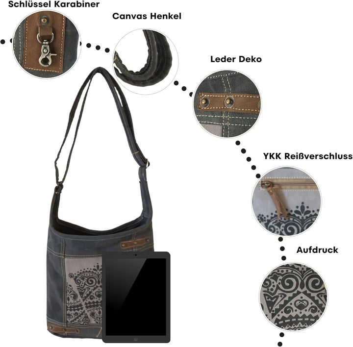 Sunsa Damen Umhängetasche. Vintage Hobo Tasche. Canvas/Segeltuch Schultertasche mit Retro Aufdruck.