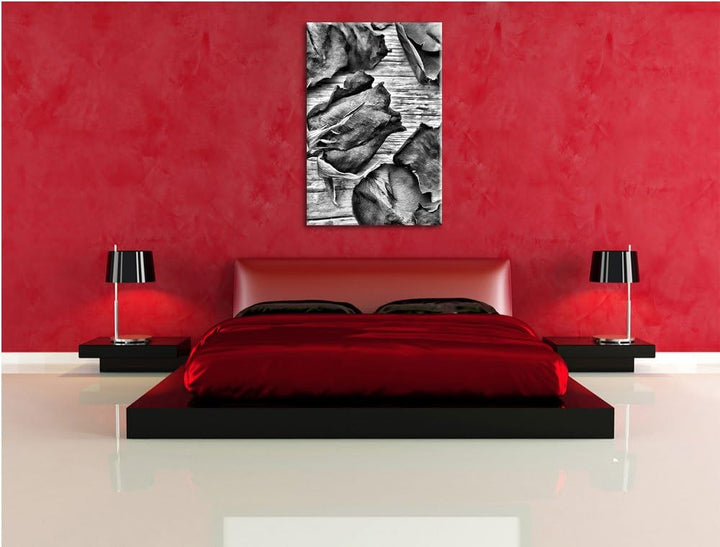 Pixxprint Monocrome, Trockene Rosen auf altem Holztisch, Format: 100x70 auf Leinwand, XXL riesige Bi