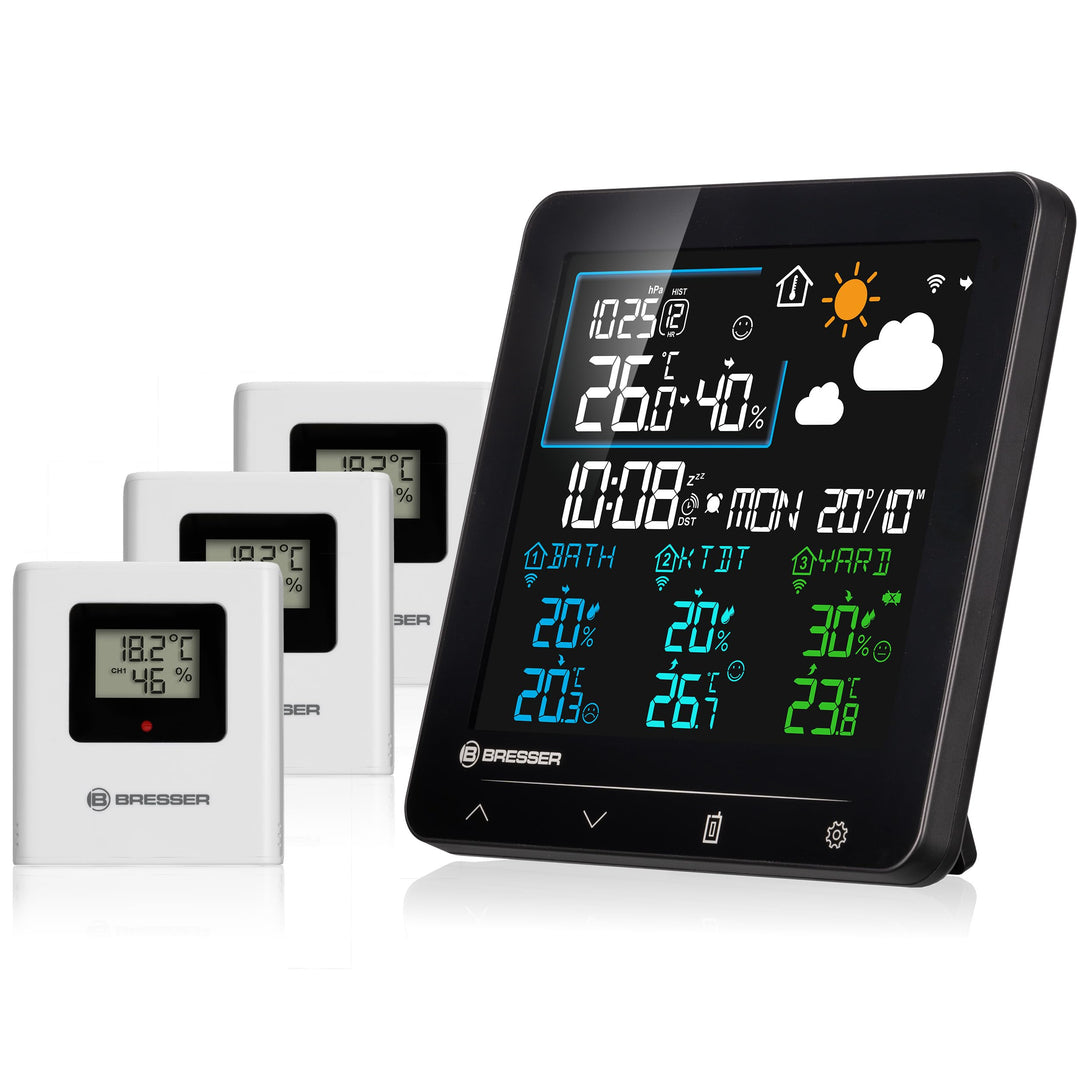 Bresser Quadro Individio Wetterstation NV mit 3 Aussensensoren, integriertem Thermo-Hygrometer, 4 Me
