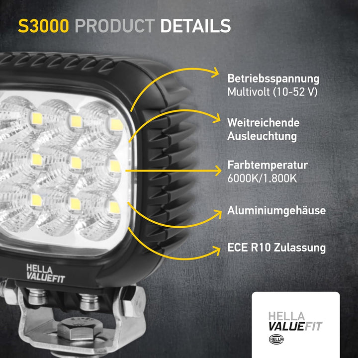 HELLA - LED-Arbeitsscheinwerfer - Valuefit S3000 - 12/24/48V - 1GA 357 109-012 Lichtscheibe klar Wei